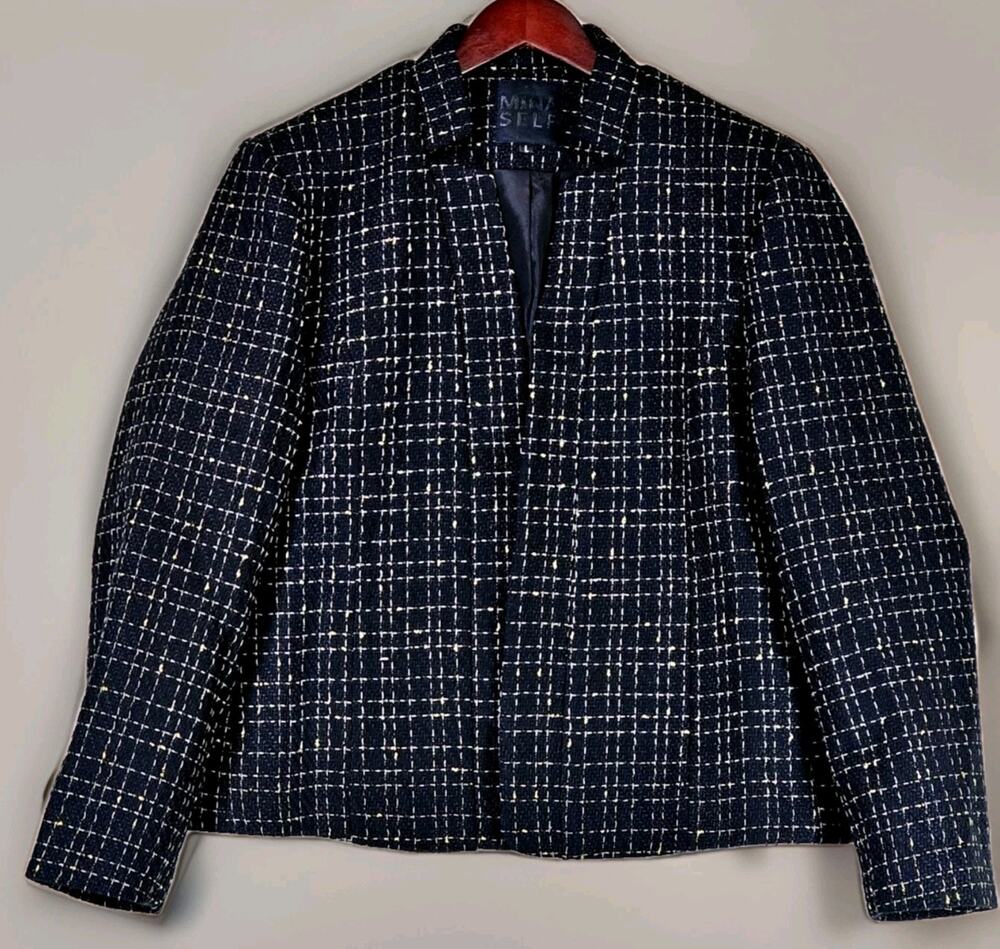 Mina Self Tweed Blazer Women's Large Black Gold Checkered Jacket w/ Pockets NWT